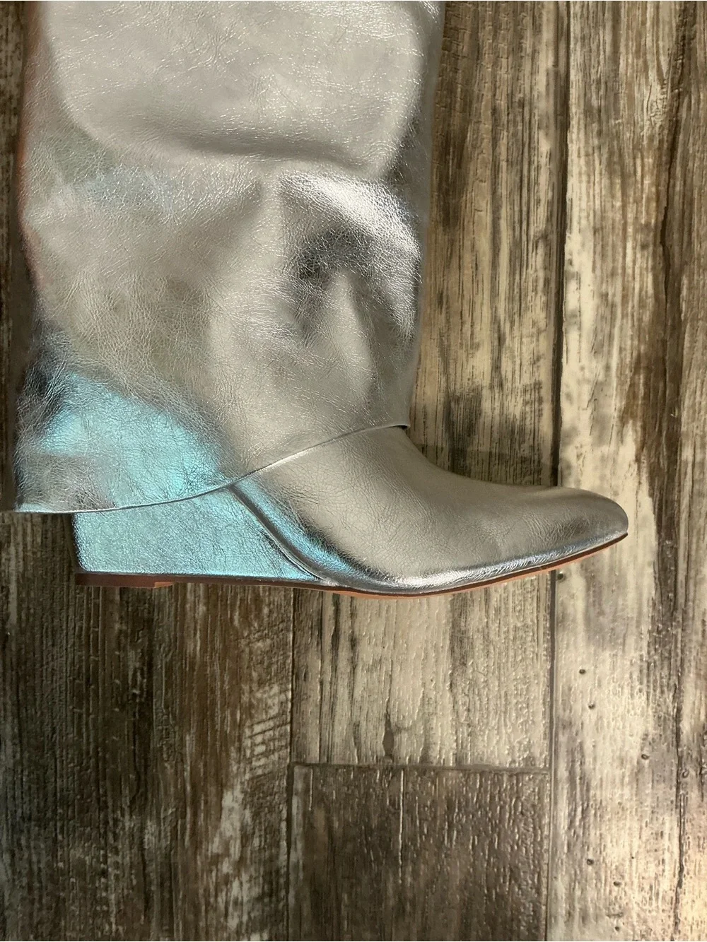 NWOB Fashion Nova Metallic Silver Knee-High Wedge Boots Size 9